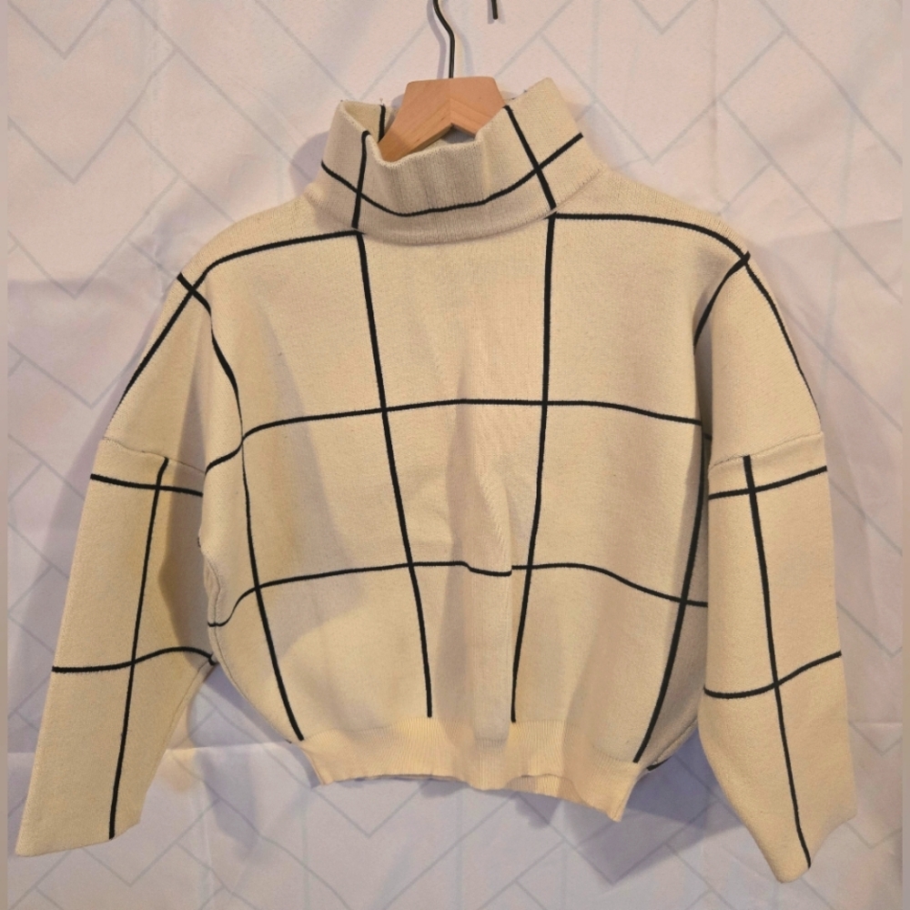 Womens Sweater Ivory Mockneck, S/M Diagonal Print, Wool Blend, Classic
